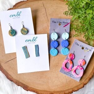 Handmade Polymer Clay Disc Dangle Earring Blue Pink Silver Statement Jewelry Lot